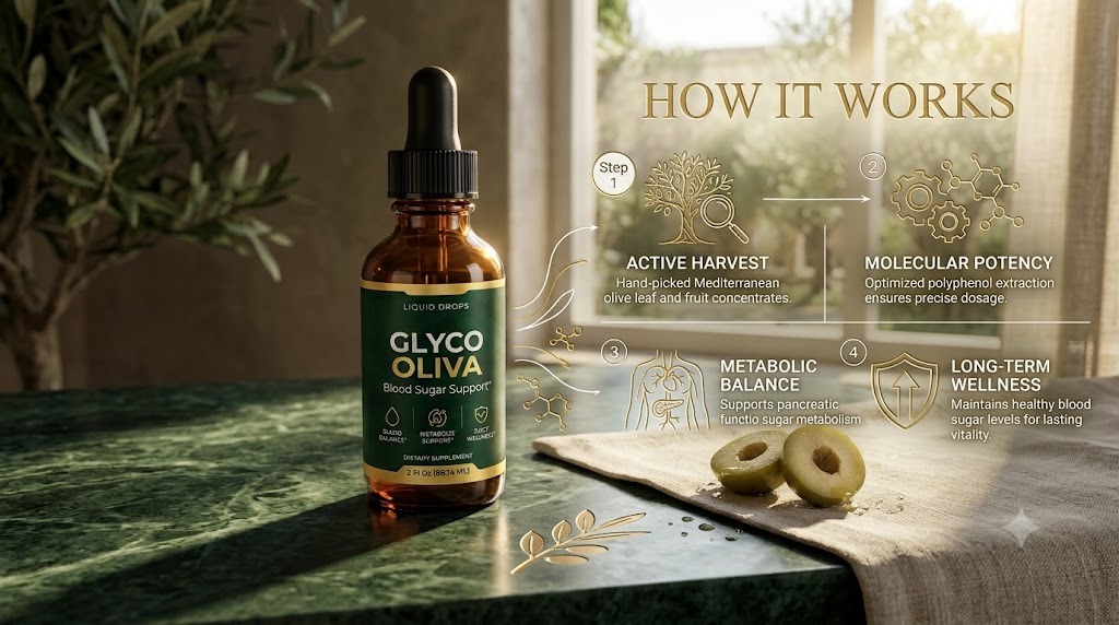 Infographic: How GlycoOliva works, from active harvest to molecular potency, metabolic balance and long-term wellness