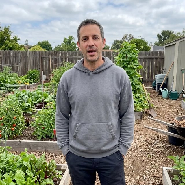 A man standing in a vegetable garden on a cloudy day