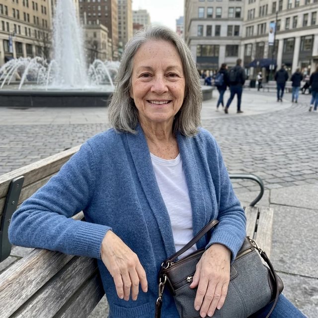 A smiling gray-haired woman sitting on a bench in a city square