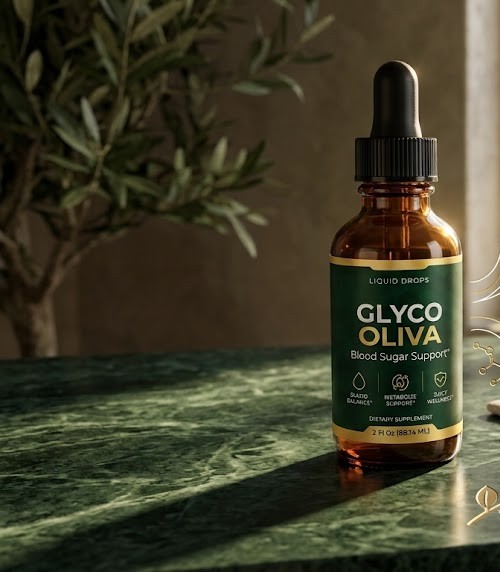 A GlycoOliva dropper bottle on a green marble counter beside an olive tree and sliced olives